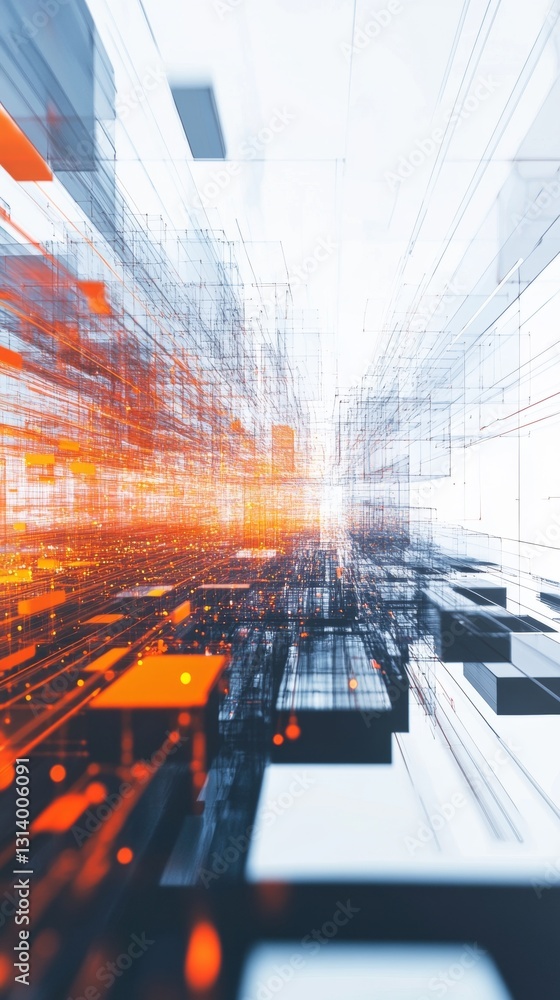 Poster abstract digital network visualization with orange light effects in a modern space environment