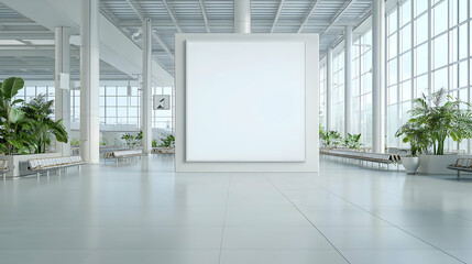 Obraz premium Large Blank White Billboard in a Bright Modern Airport Terminal Waiting Area with Green Plants and Natural Light