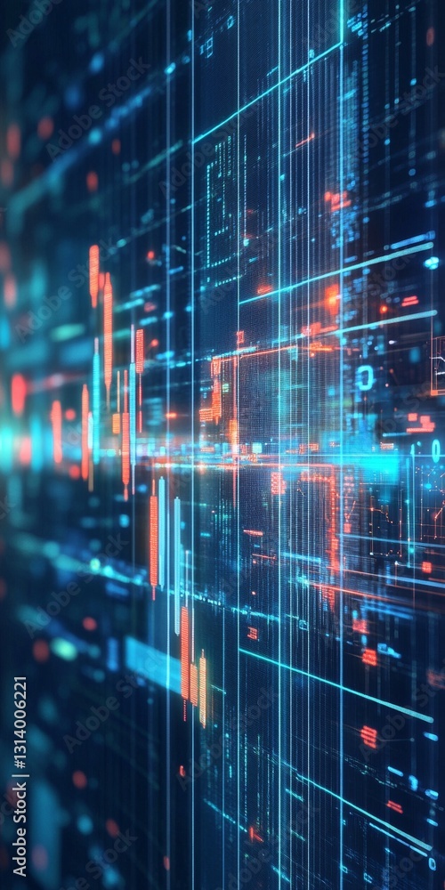 Poster dynamic abstract digital visualization with neon lines and glowing data flow in a modern interface