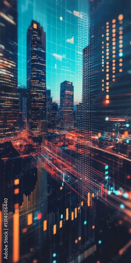 Poster vibrant urban cityscape at night with skyscrapers and dynamic data visualization patterns