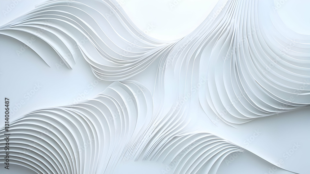 Poster abstract white 3d rendered digital art depicting a flowing wavy pattern with smooth curves and fine 
