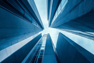 Obraz premium Looking Up at Tall Modern Buildings with Concrete and Glass Facades Under Cloudy Sky