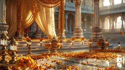 Ultra realistic photo of luxurious Indian wedding mandap adorned with fresh marigold flowers intricate gold drapery and traditional oil lamps set in a grand palace courtyard golden hour lighting