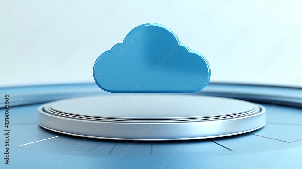 Poster 3d blue cloud symbol floating on round platform with circular design and soft background