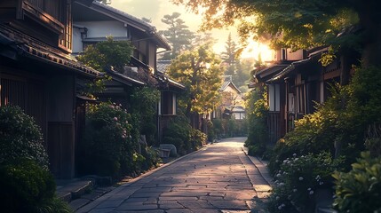 Fototapeta premium Sunlit Japanese street scene with traditional houses and lush greenery.