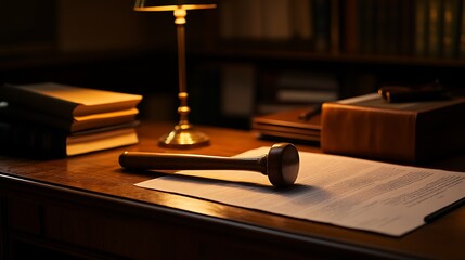 Gavel rests on legal document on wooden desk at night.