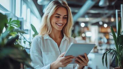 Engaging Woman Using Tablet in Bright Indoor Space Surrounded by Plants