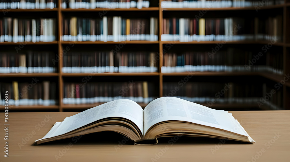 Poster open book on wooden table with blurred bookshelf background in library with natural lighting style