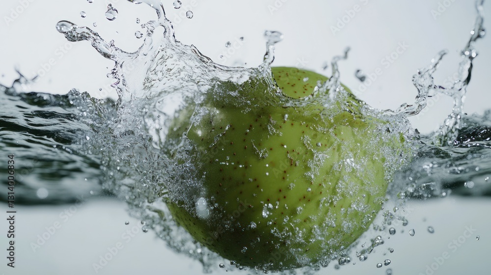 Poster a green apple being submerged with water splashing dramatically