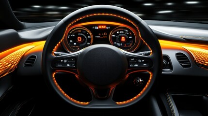 A futuristic interior car dashboard featuring orange illuminated displays