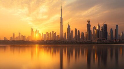 Fototapeta premium Golden sunrise over a modern city skyline reflected in calm water.