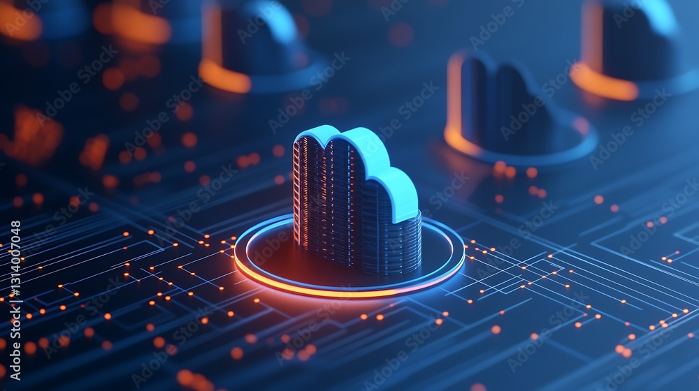 Poster 3d cloud servers on digital circuit board with neon glow and technology concept for modern data solu