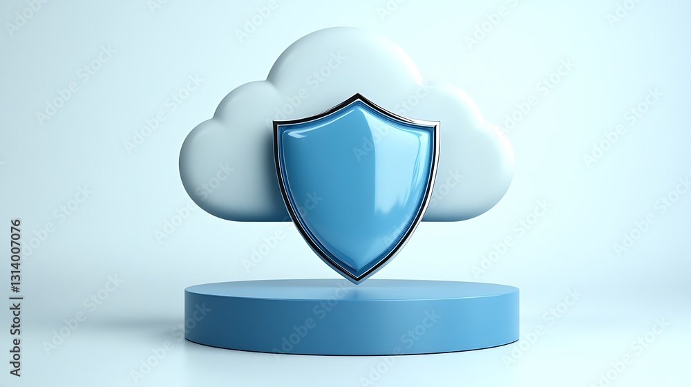 Poster 3d cloud with shield icon representing cybersecurity and data protection in technology background