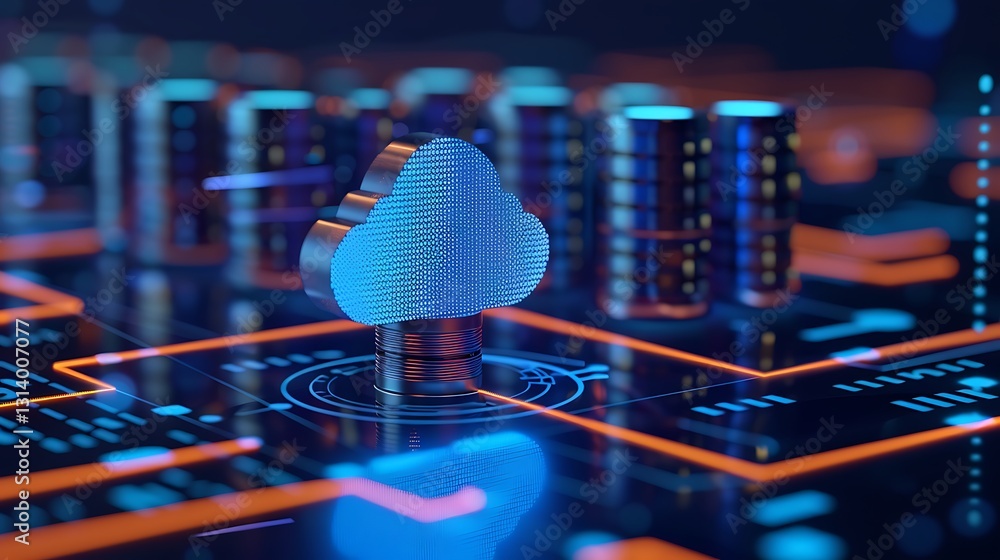Poster 3d cloud symbol with blue neon light on circuit board background representing data storage and techn