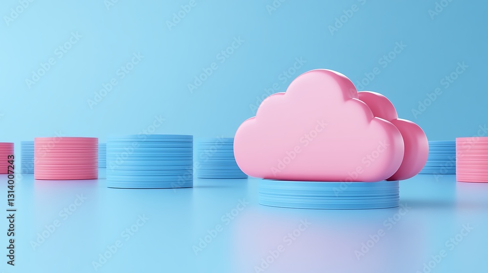 Poster 3d illustration of a pink cloud shape on a blue background with colorful circular platforms in a mod
