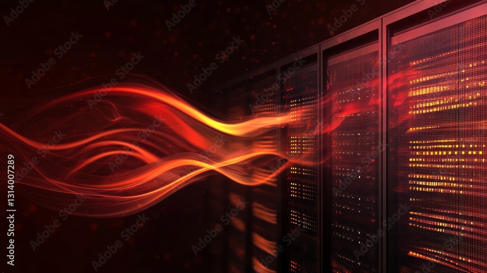 Poster a modern data center featuring illuminated storage servers and an abstract flow of light representin