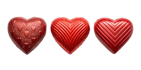 Fototapeta premium Three Different Styles of Red Heart-Shaped Chocolate Candies for Heartwarming and Romantic Dessert Photography, Cut Out