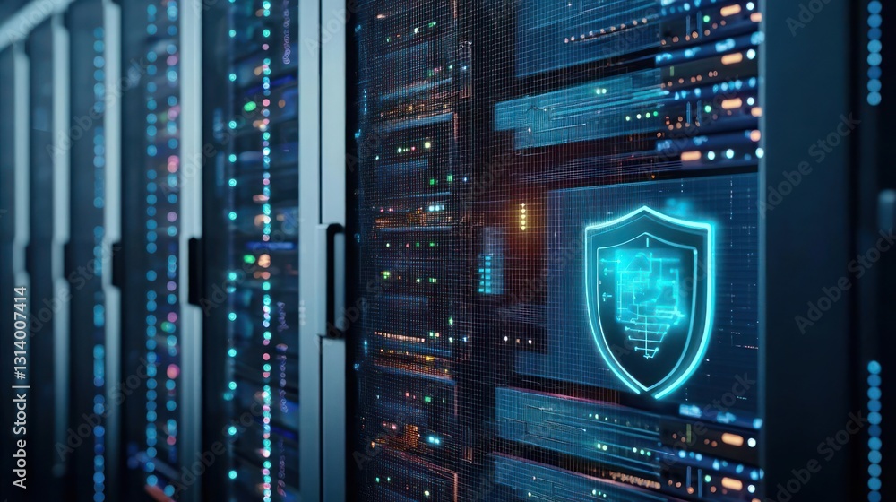Poster blue lit server rack with digital shield icon representing data security and protection