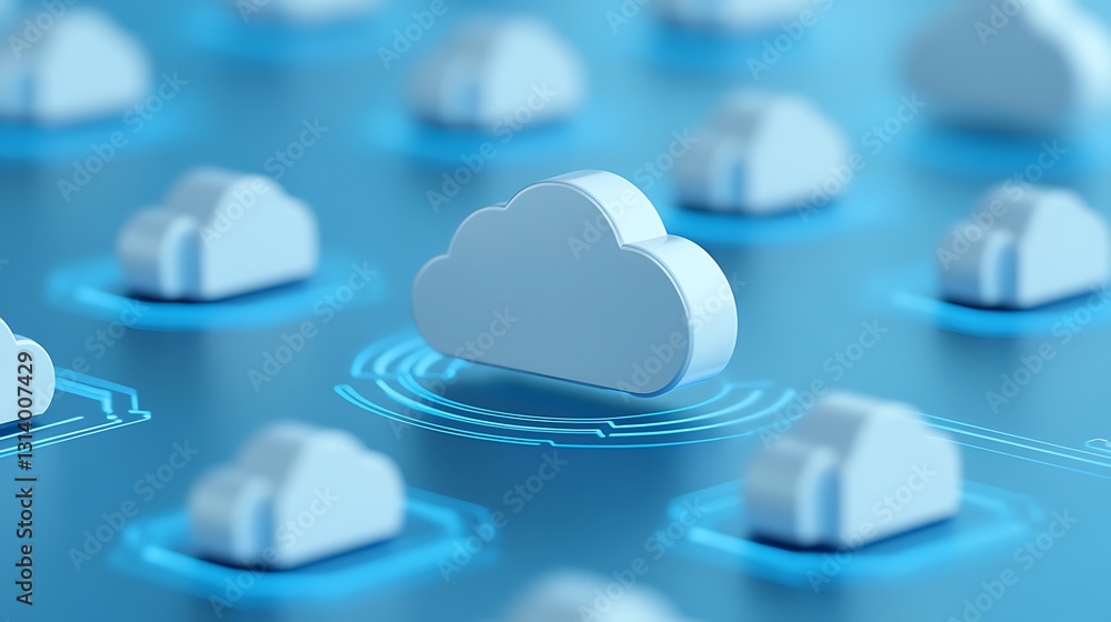 Poster 3d illustration of cloud computing concept with multiple abstract clouds on a futuristic digital bac