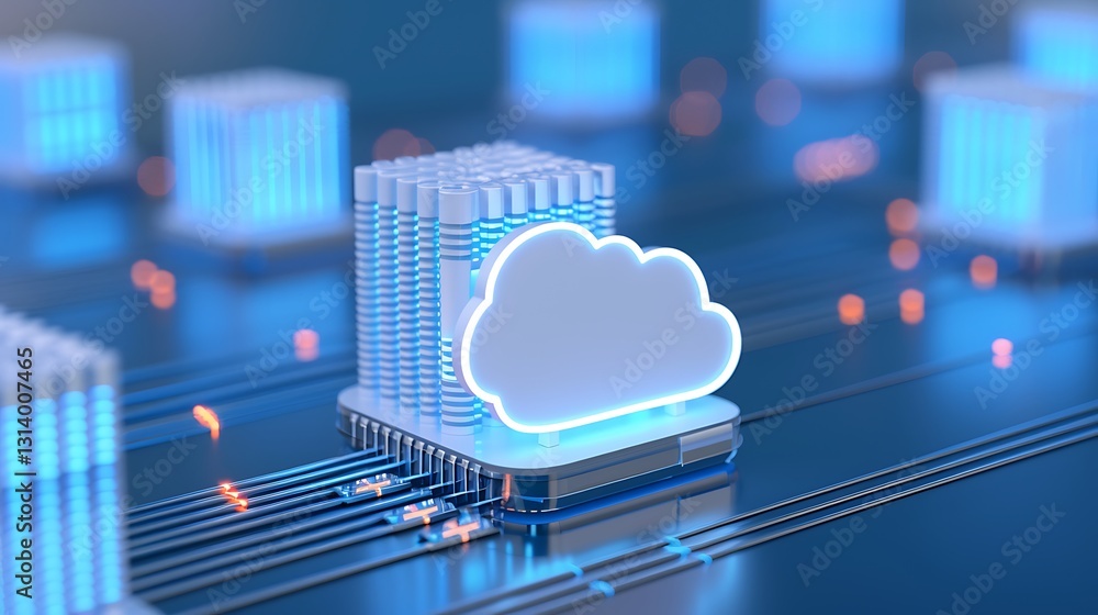 Poster 3d illustration of cloud computing concept with server rack and data connection in futuristic enviro