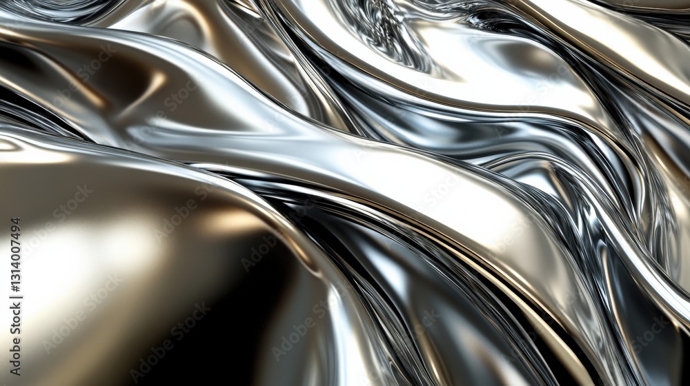 Poster shimmering metallic waves flowing gracefully, creating an abstract visual effect with depth