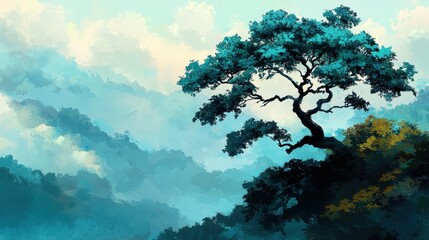 Fototapeta premium Serene Tree Silhouette Against Vibrant Blue Mountain Background