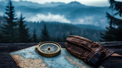 Compass, map, gloves on wooden surface with mountain view. (1)