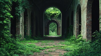 Obraz premium Overgrown Abandoned Building Corridor with Lush Greenery and Arches
