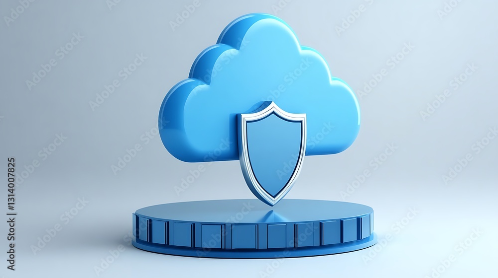 Aufkleber 3d illustration of cloud with protective shield on blue background representing data security concep