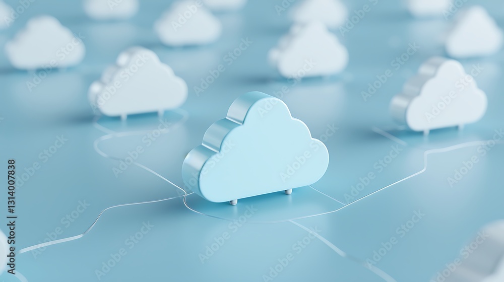 Poster 3d illustration of light blue clouds connected with lines on a soft blue background representing clo