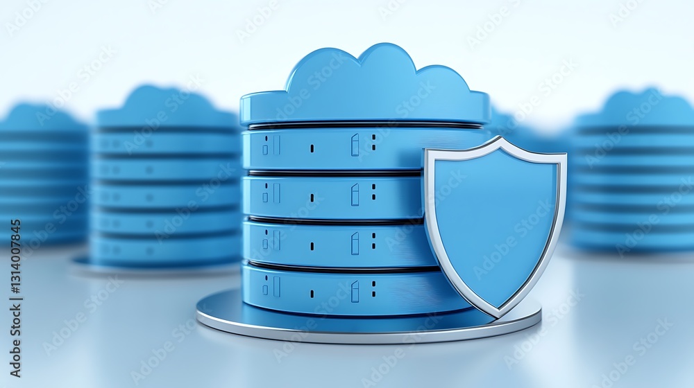 Poster 3d illustration of secure cloud database with shield symbolizing data protection and cybersecurity m