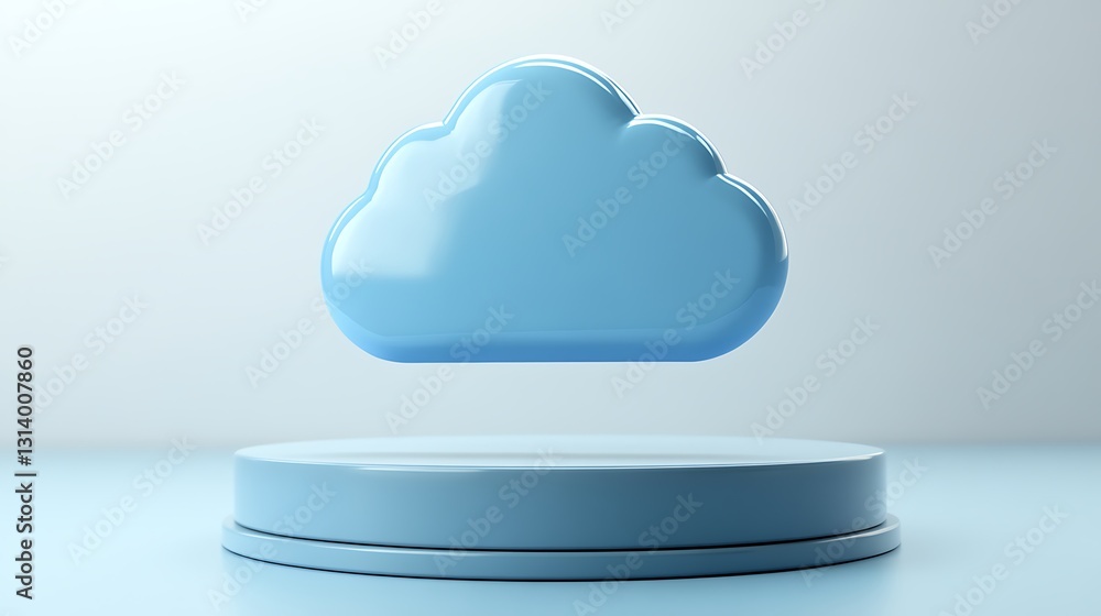 Poster 3d render of a blue cloud floating above a circular base in a minimalist environment