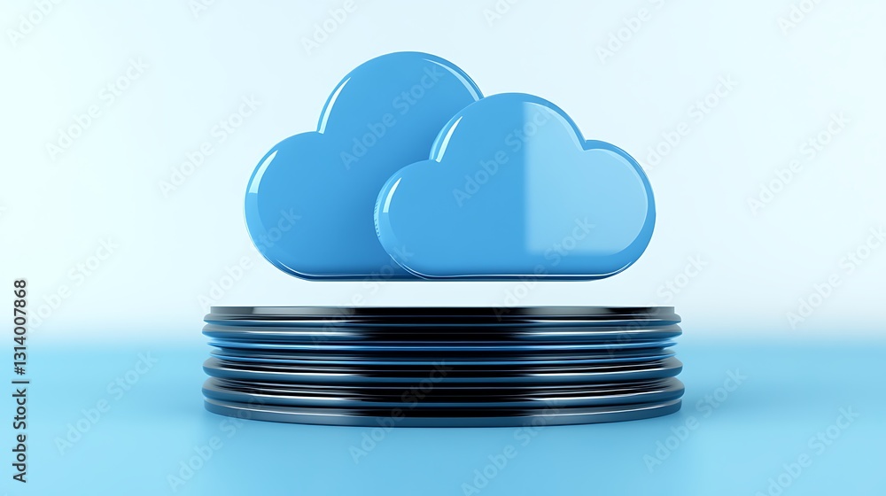 Poster 3d illustration of two blue clouds on top of black circular platform in minimalist style with soft l