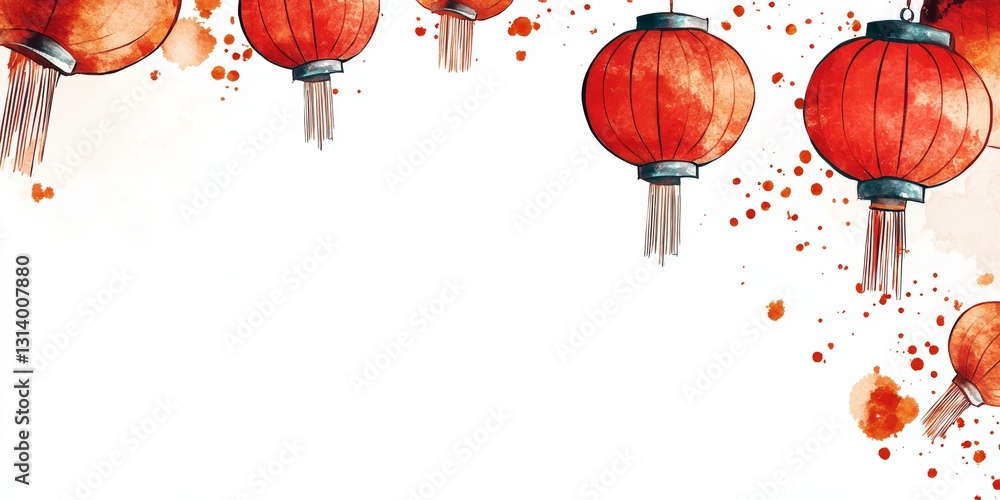 Poster white background with a row of red lanterns hanging from it. the lanterns are of different sizes