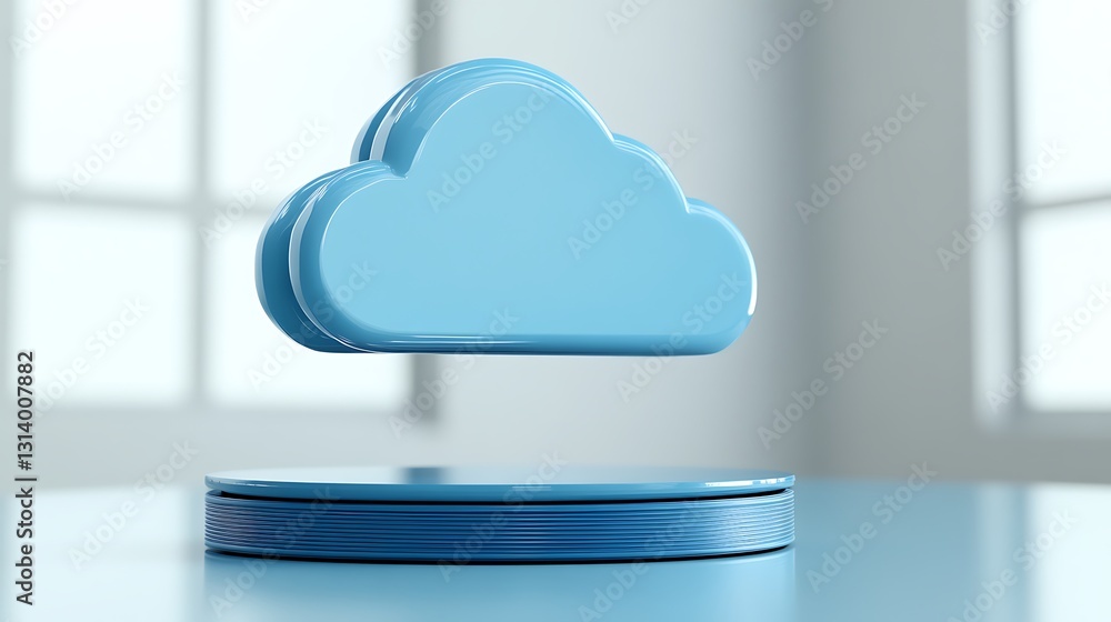 Poster 3d render of a blue cloud icon on a circular platform with soft natural light in a modern space