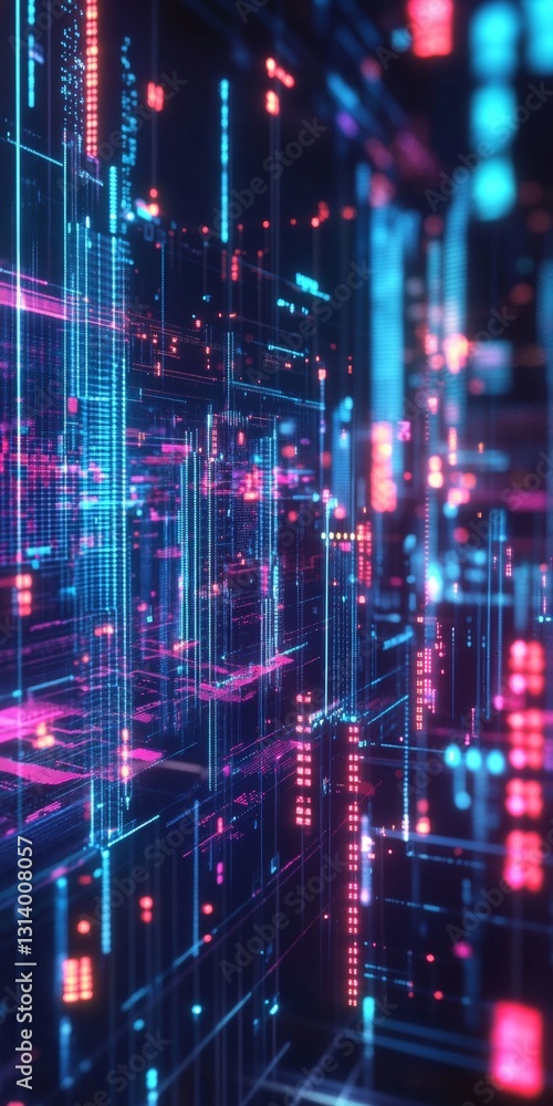Poster abstract digital technology background with glowing neon lines and futuristic data visualization