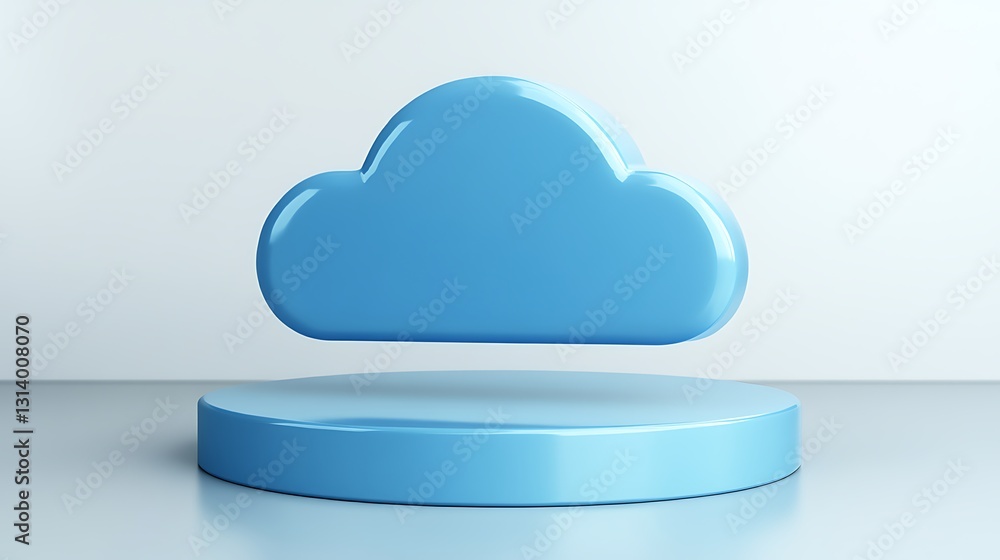 Poster 3d render of a glossy blue cloud icon floating above a smooth circular base on a soft background