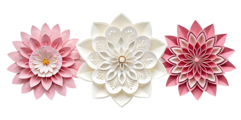 Paper Cut Flower on White Background in Three Different Styles for Delicate and Intricate Floral Photography, Cut Out