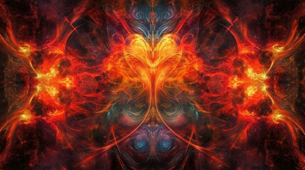 Fototapeta premium Symmetrical abstract artwork featuring fiery colors and intricate details
