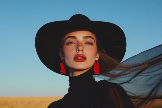 Fashion model wearing wide brimmed hat and red lipstick in desert landscape