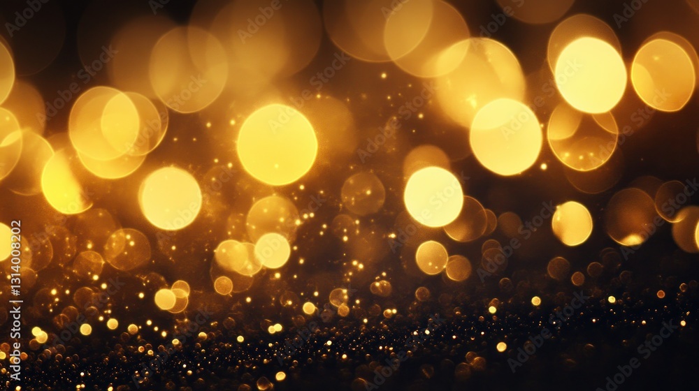 Poster golden illuminated bokeh circles and tiny shining particles are depicted