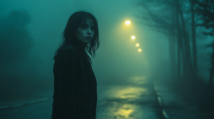 Fototapeta premium Lonely Girl in Foggy Road. Mysterious Dark Mood Sadness. Lost depression solitude feelings.