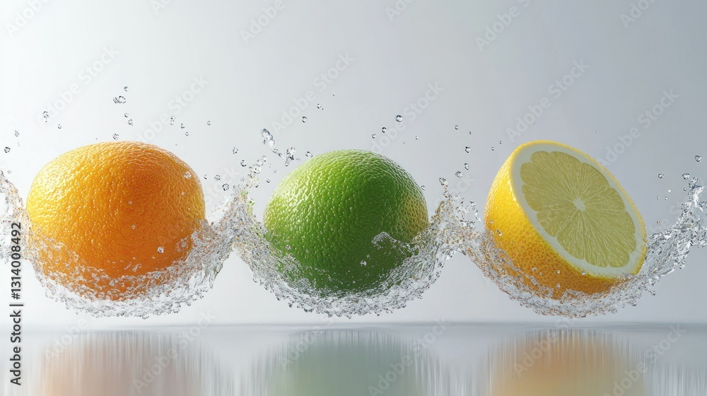 Poster Three citrus fruits experiencing water creating interesting splash patterns