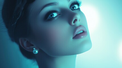 Close-up portrait of a young woman with blue eyes looking up, illuminated by teal light.