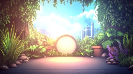 Garden portal view plants, flowers, city skyline backdrop. Sunlight shines through