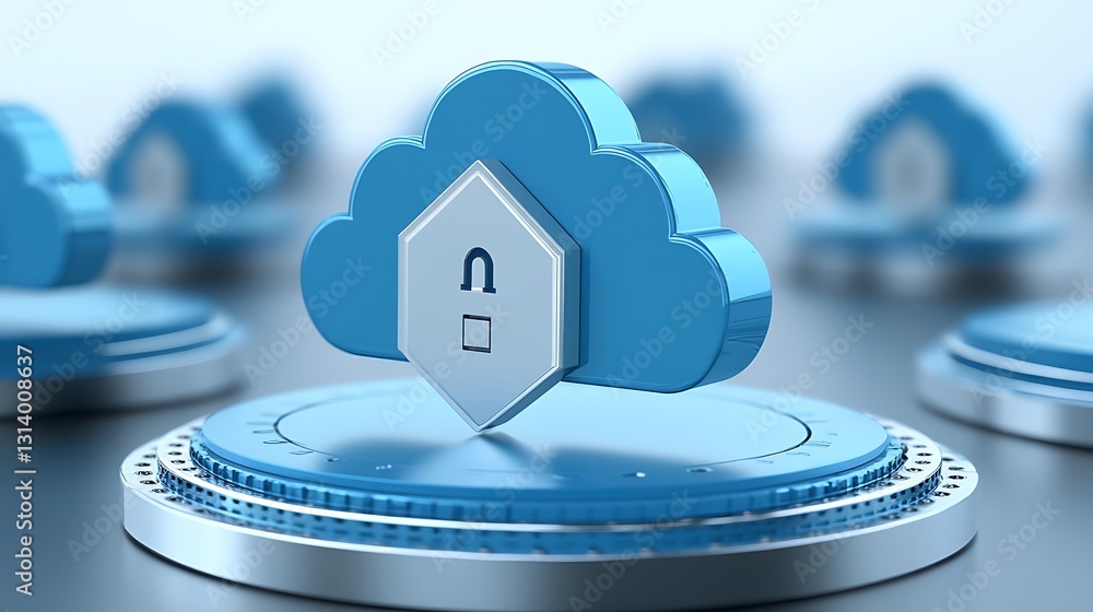 Poster 3d rendering of cloud security concept with central lock symbol and digital technology theme