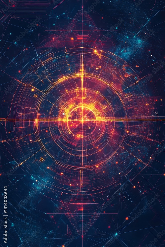 Poster a colorful, abstract image of a star with a red circle in the center. the circle is surrounded by a 