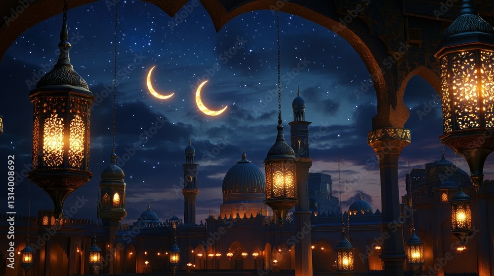 Poster an illuminated evening scene showing architecture and lanterns