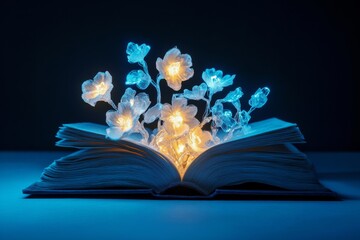 Open book with glowing mystical blue and golden light flowers imagination storytelling magic literature