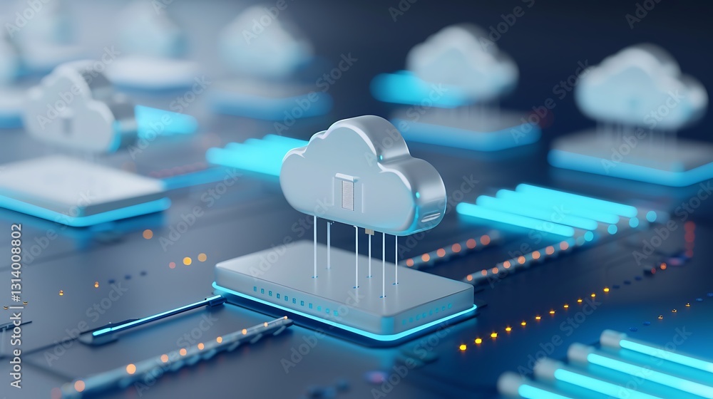 Poster 3d representation of cloud computing technology with modern data network and digital cloud icons